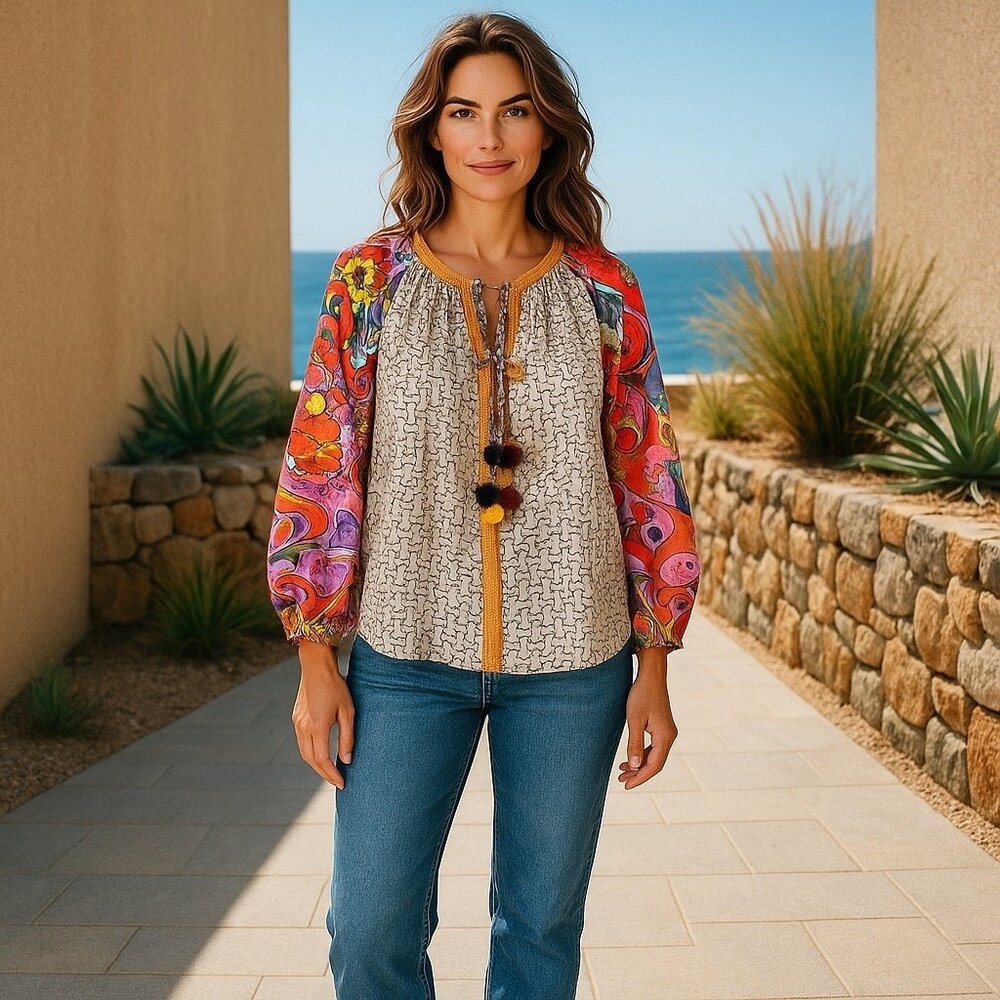 DX COLLECTION Italy Boho Print Blouse/Jacket/Shirt Women's Sz M NEW